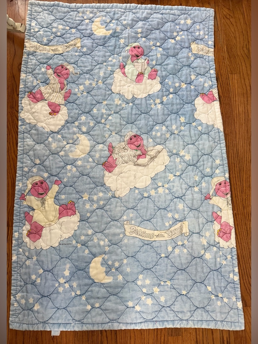 Vintage 90s Barney Dinosaur Blanket Crib Quilted Comforter Purple 1994 USA Made